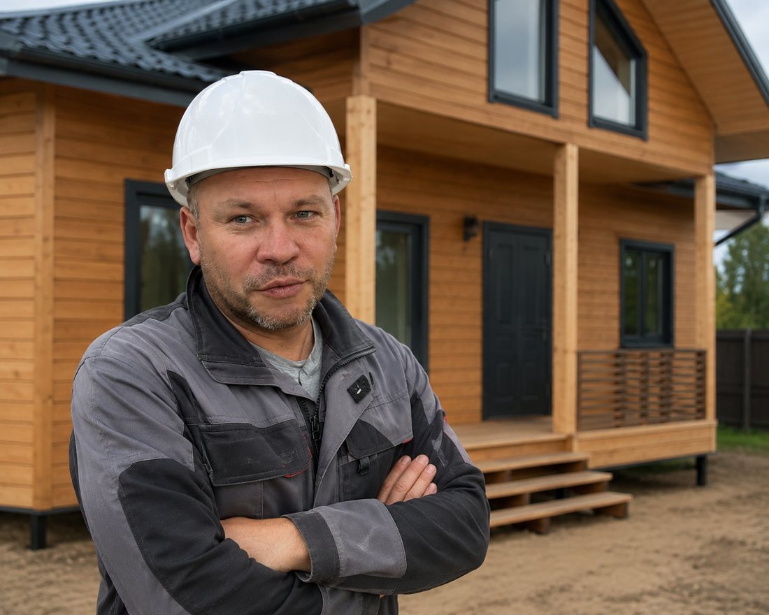 Юрий Бутаков на фоне построенного дома